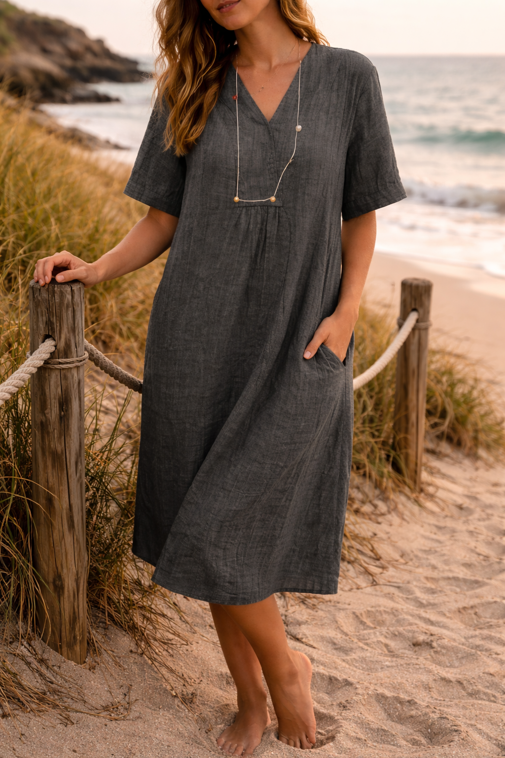 Linen Dress Women Midi Length Lightweight Casual V Neck Pockets