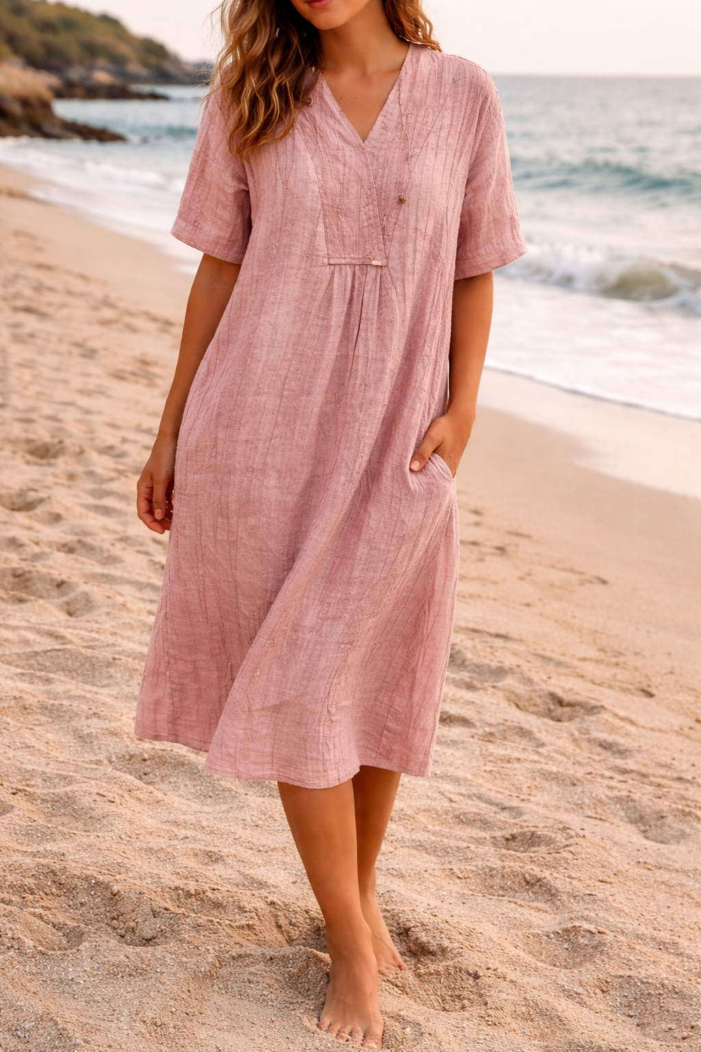 Linen Dress Women Midi Length Lightweight Casual V Neck Pockets