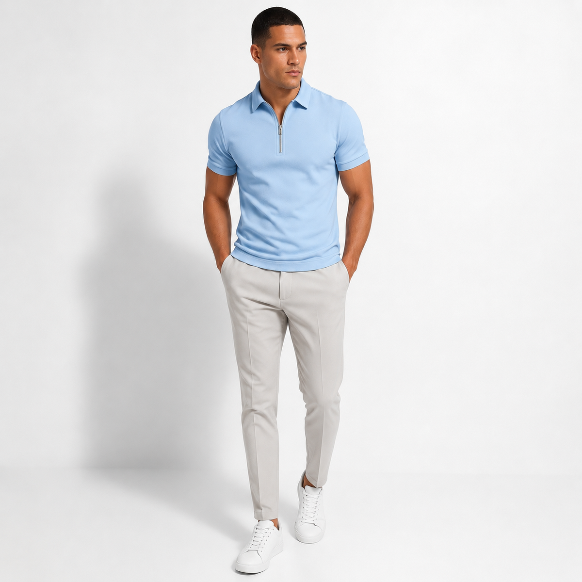 Polo Shirt Men Slim Fit Zip Neck Short Sleeve Breathable Lightweight