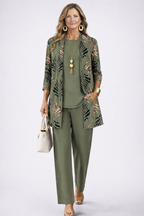 Women 3 piece cardigan top printed trousers set in relaxed fit