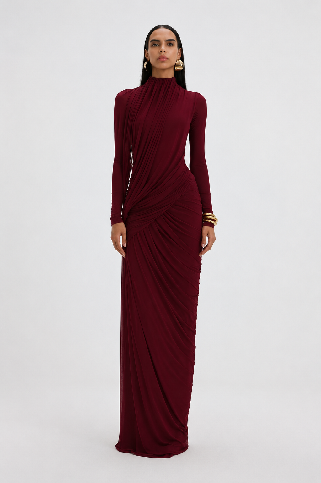 Long Sleeve Dress Women Draped Floor Length Formal Gown | Leah