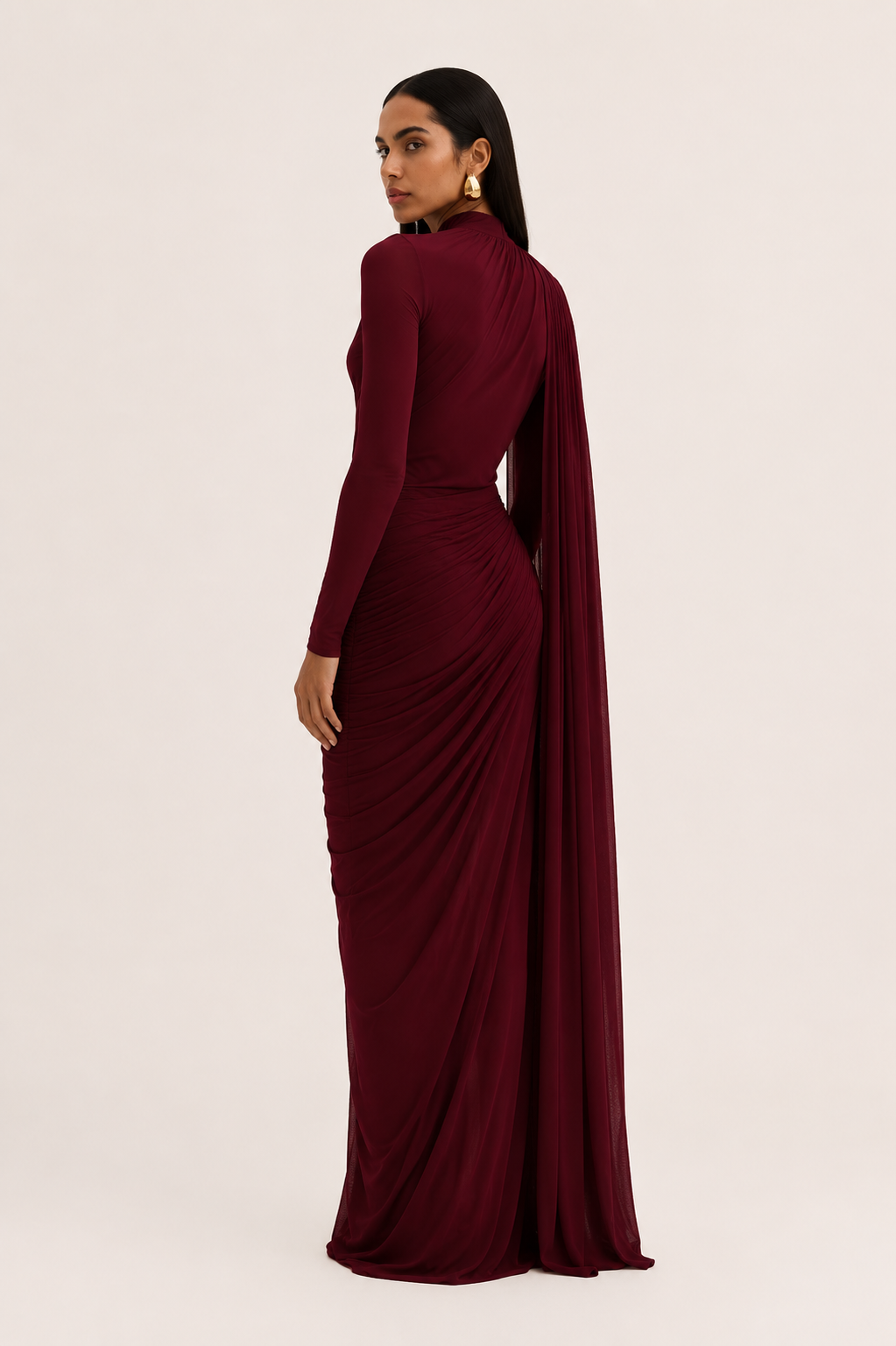 Long Sleeve Dress Women Draped Floor Length Formal Gown | Leah