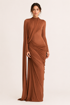 Long Sleeve Dress Women Draped Floor Length Formal Gown | Leah