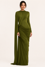 Long Sleeve Dress Women Draped Floor Length Formal Gown | Leah