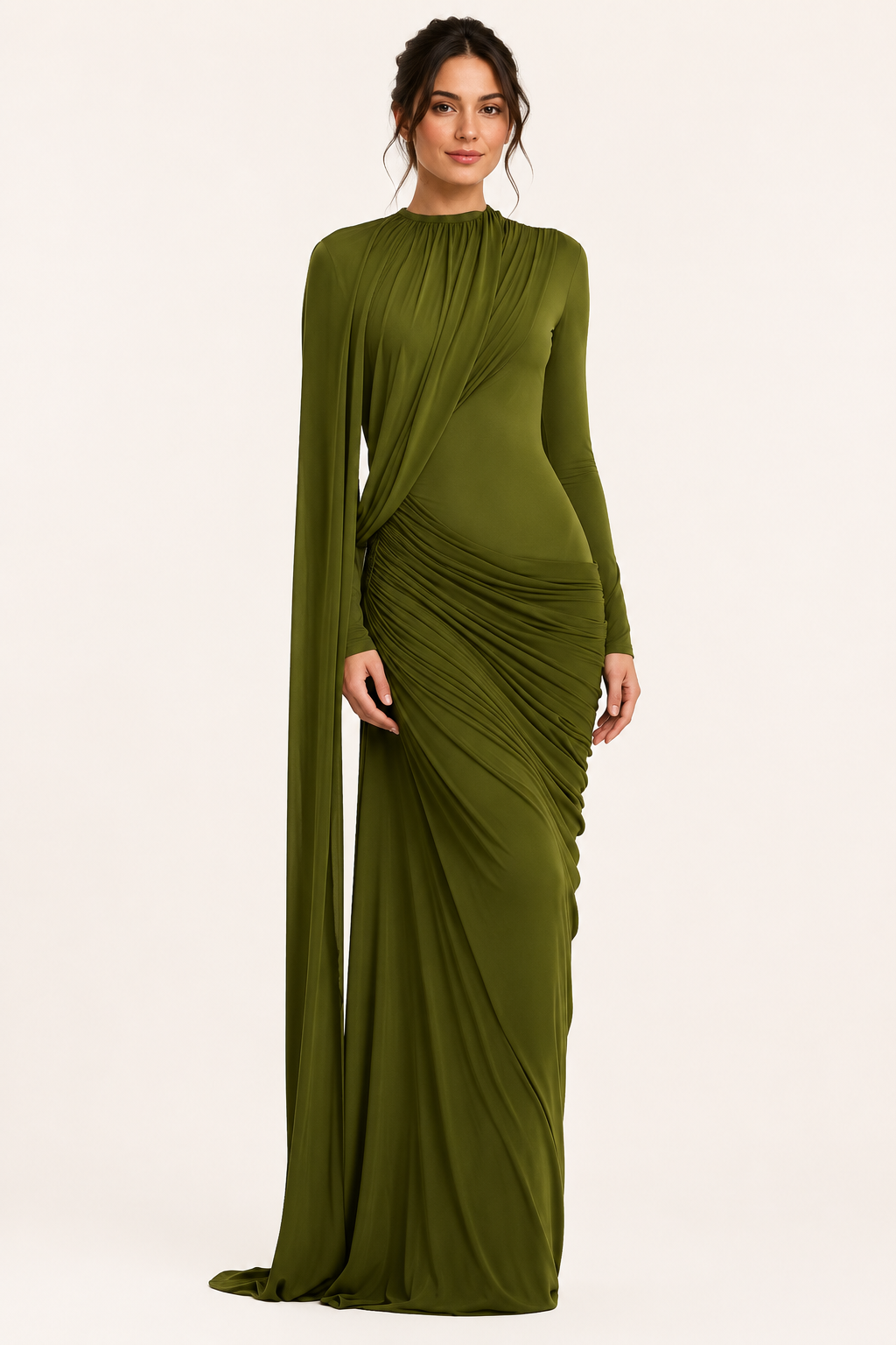 Long Sleeve Dress Women Draped Floor Length Formal Gown | Leah