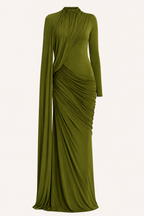 Long Sleeve Dress Women Draped Floor Length Formal Gown | Leah