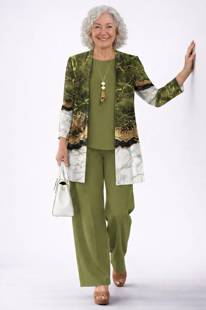 Women 3 piece cardigan top printed trousers set in relaxed fit
