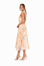 Aria | Women's Maxi Dress | Halter Neck, Floral Print, Open Back | Peach