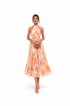 Aria | Women's Maxi Dress | Halter Neck, Floral Print, Open Back | Peach