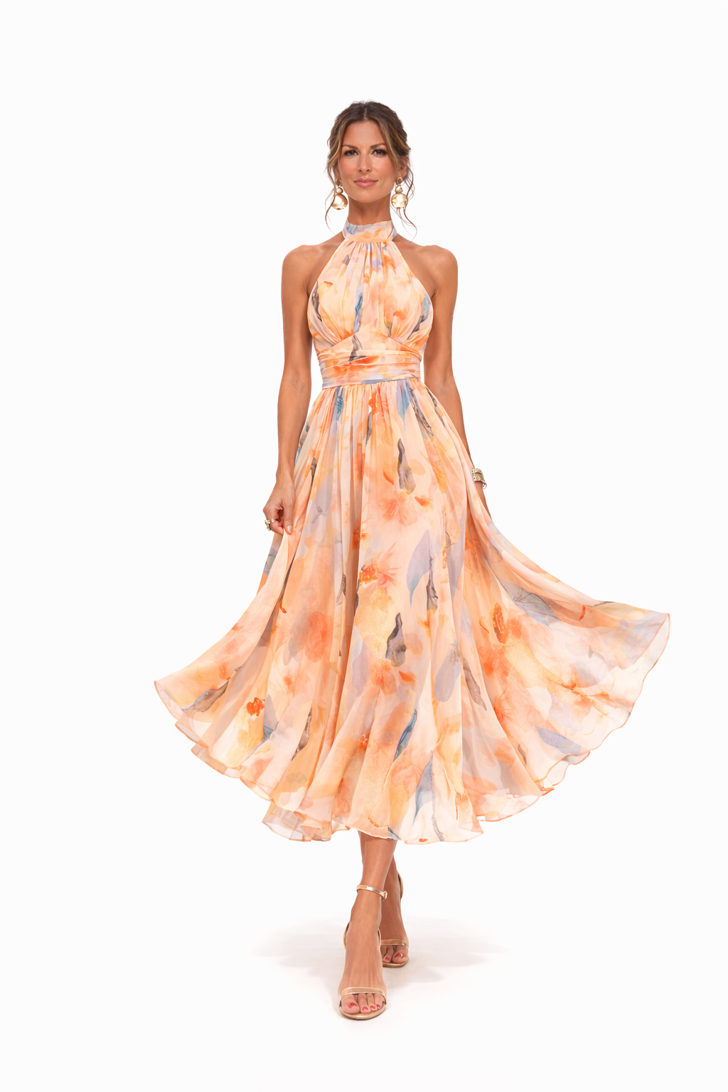 Aria | Women's Maxi Dress | Halter Neck, Floral Print, Open Back | Peach
