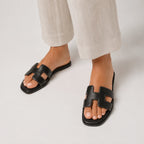 Orthopedic Slide Sandals Women Leather Flat Arch Support H Strap