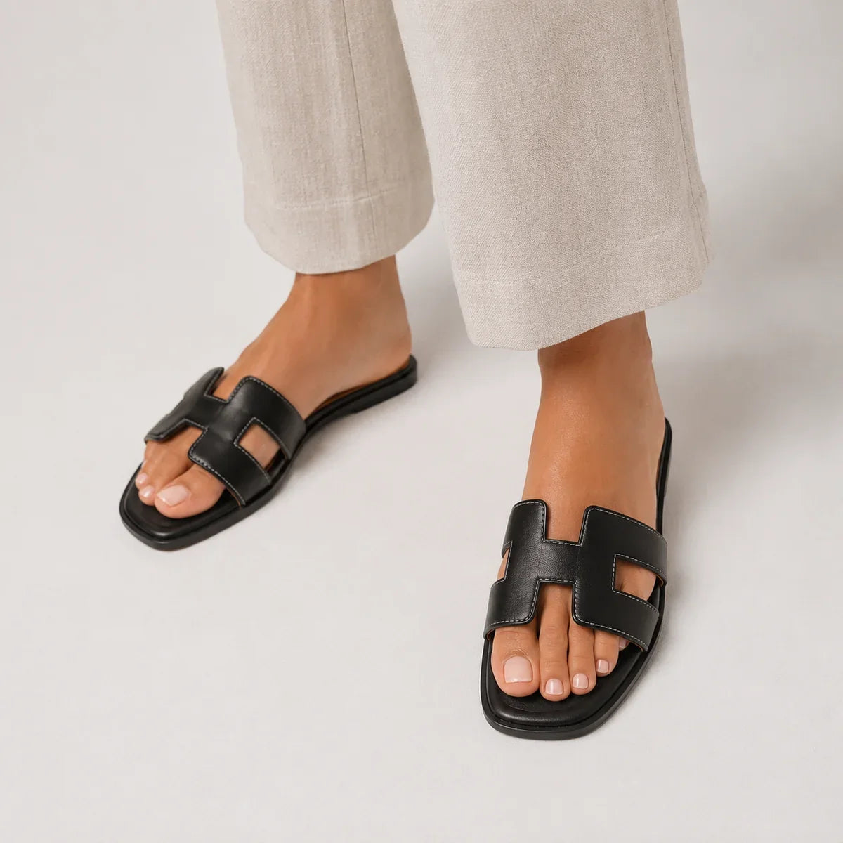 Orthopedic Slide Sandals Women Leather Flat Arch Support H Strap