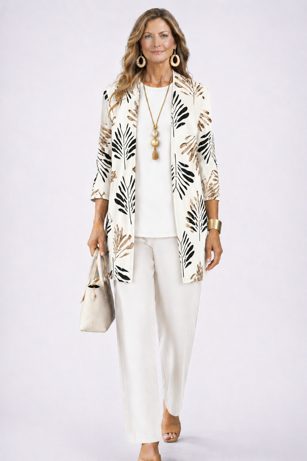 Women 3 piece cardigan top printed trousers set in relaxed fit