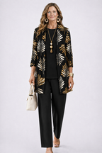 Women 3 piece cardigan top printed trousers set in relaxed fit