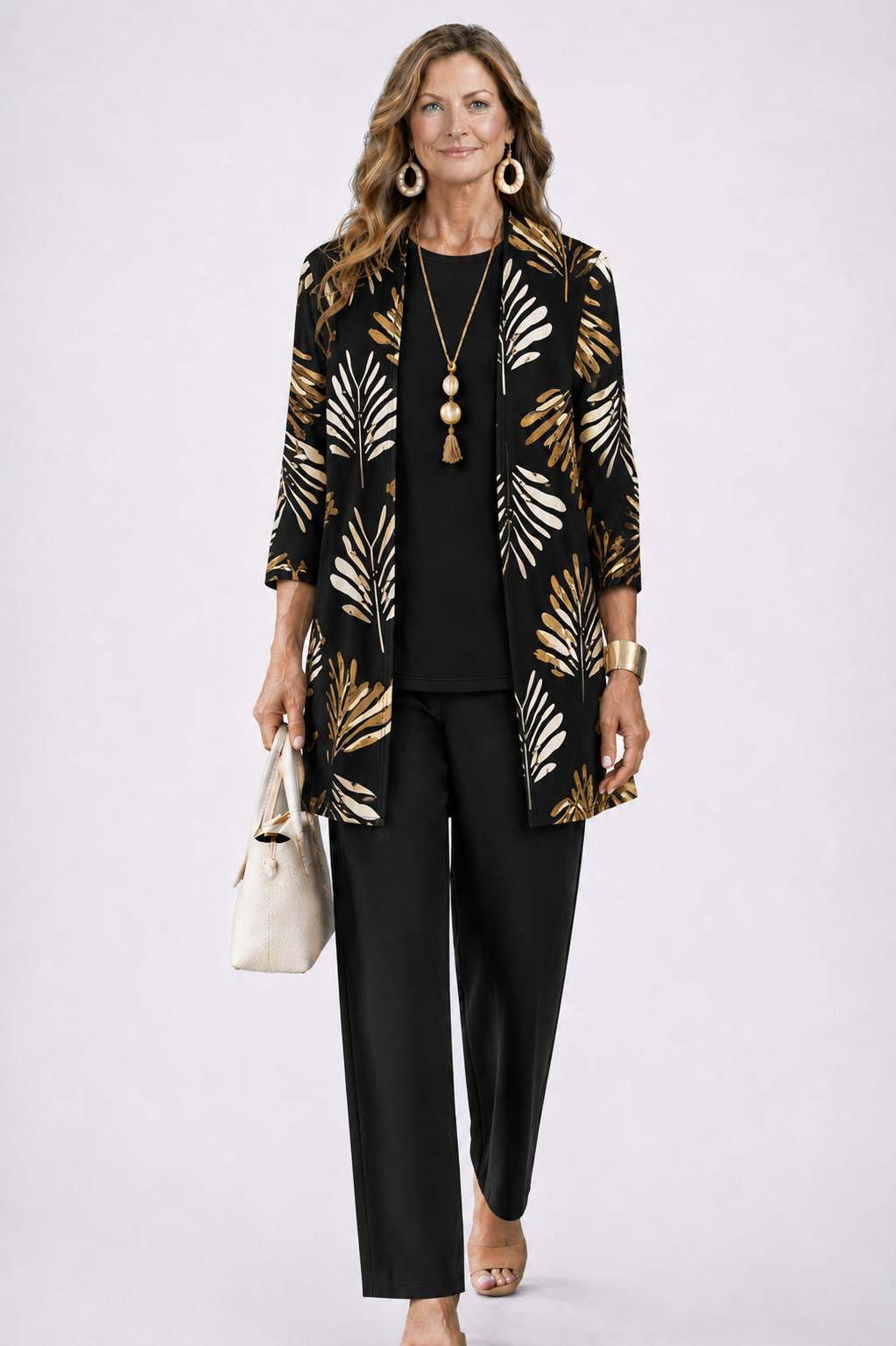 Women 3 piece cardigan top printed trousers set in relaxed fit