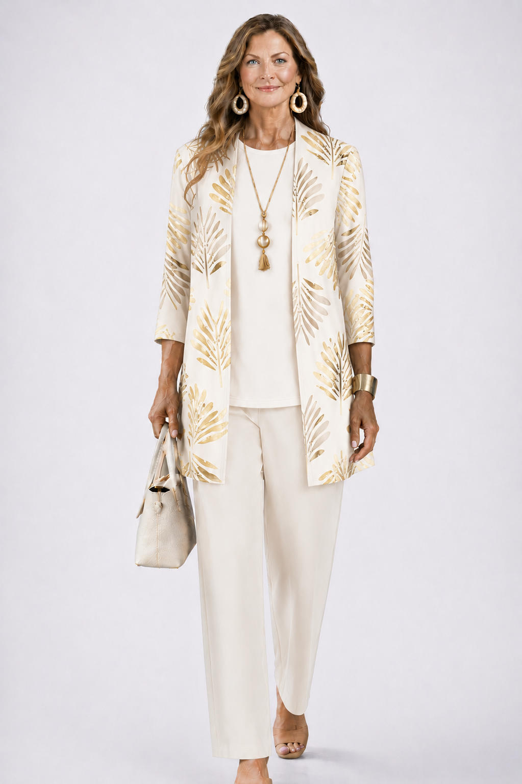 Women 3 piece cardigan top printed trousers set in relaxed fit