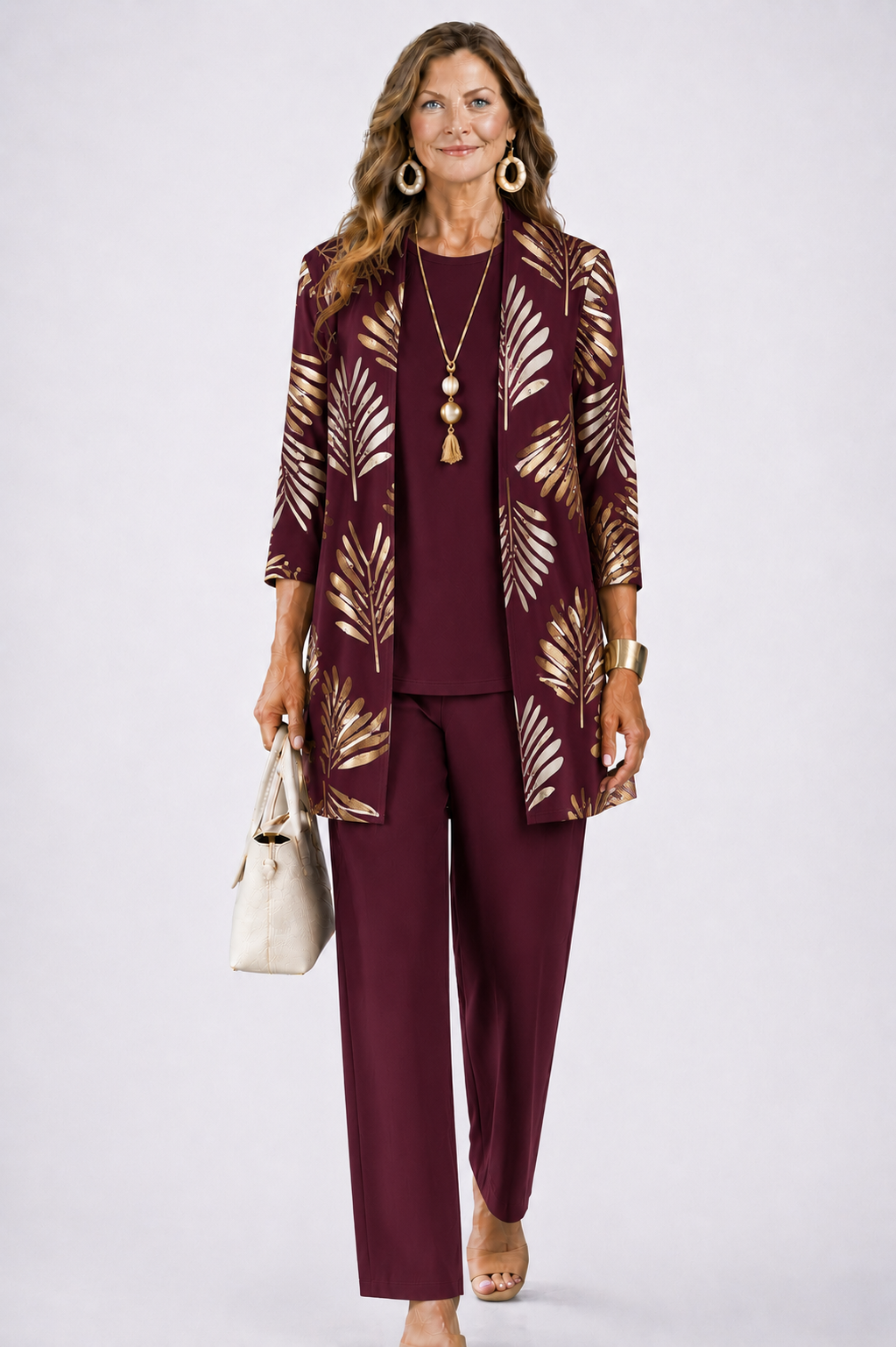 Women 3 piece cardigan top printed trousers set in relaxed fit