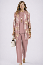 Women 3 piece cardigan top printed trousers set in relaxed fit