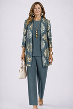 Women 3 piece cardigan top printed trousers set in relaxed fit