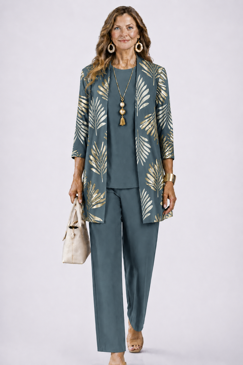 Women 3 piece cardigan top printed trousers set in relaxed fit