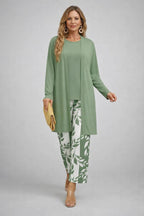 Women 3 piece cardigan top printed trousers set in relaxed fit