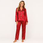 Satin Christmas Pajamas Women Red Long Sleeve Top Full Length Pants Set