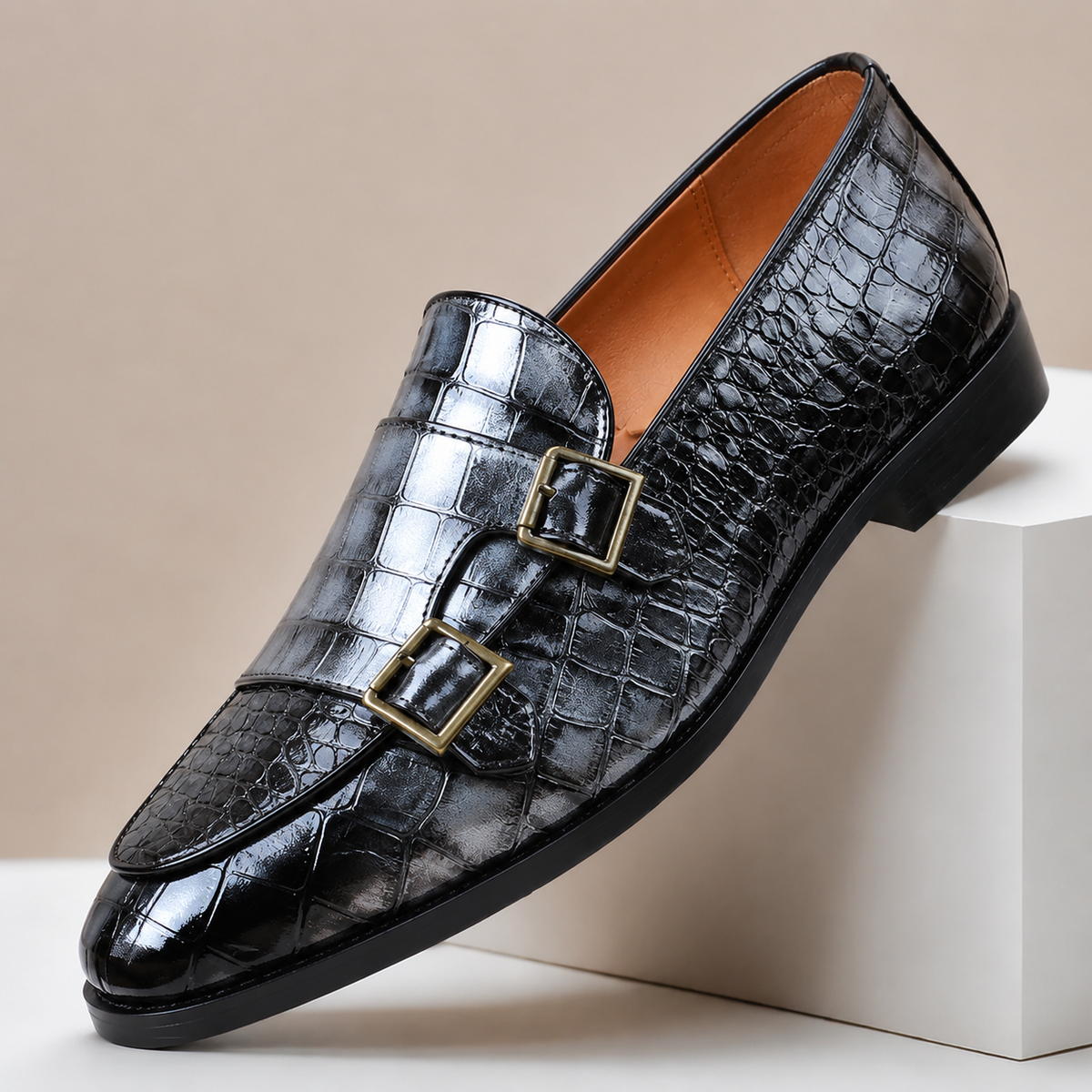 Clea | Men's Leather Loafers | Double Monk Strap, Almond Toe