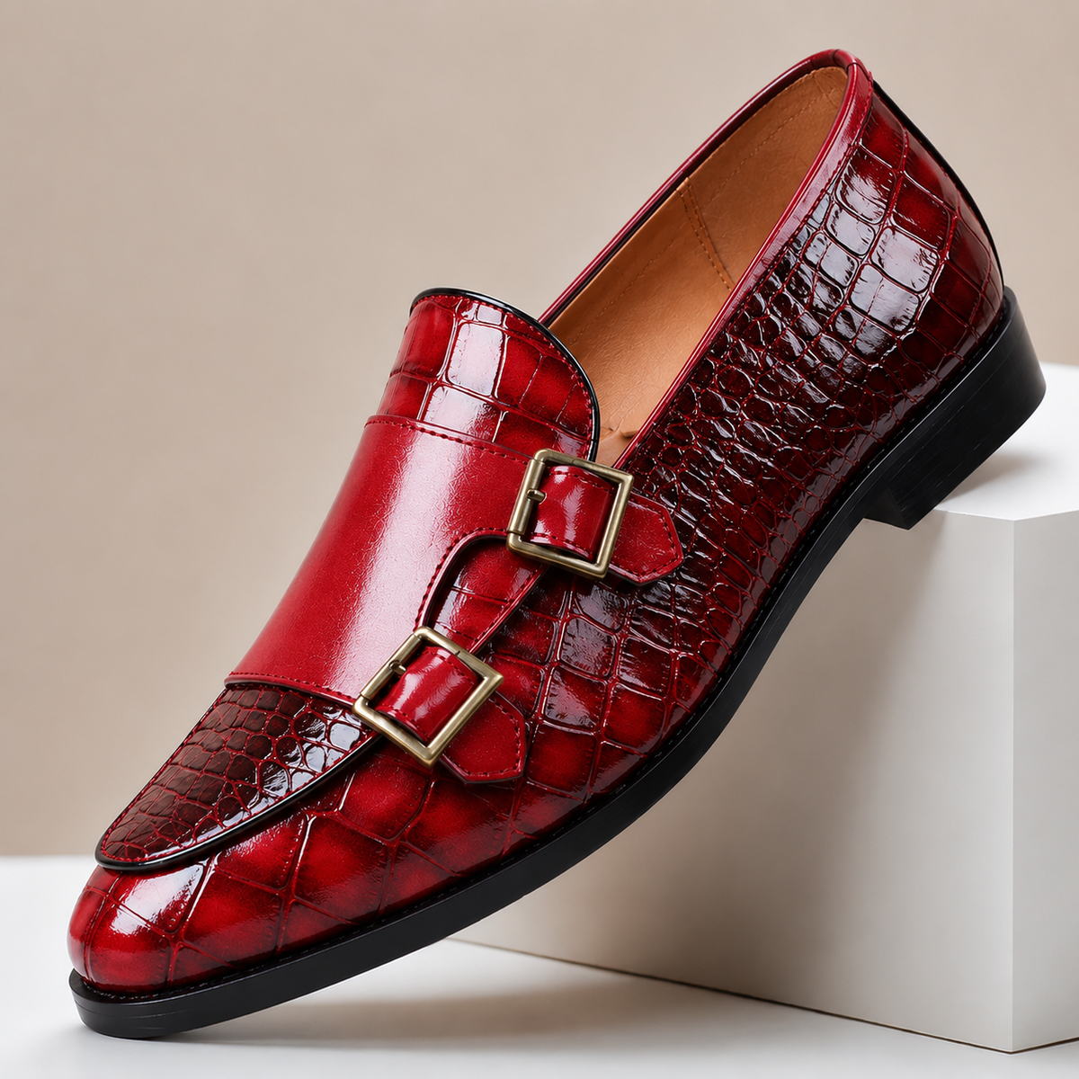 Clea | Men's Leather Loafers | Double Monk Strap, Almond Toe