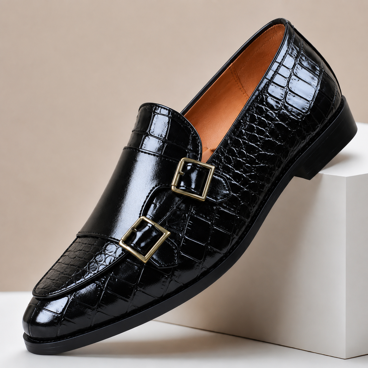 Clea | Men's Leather Loafers | Double Monk Strap, Almond Toe