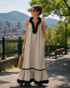 Long Summer Dress Women Cotton Linen Blend Halter Neck Ruffle Maxi