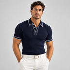 Mens Polo Shirt Ribbed Knit Short Sleeve Contrast Trim Slim Fit