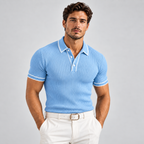 Mens Polo Shirt Ribbed Knit Short Sleeve Contrast Trim Slim Fit