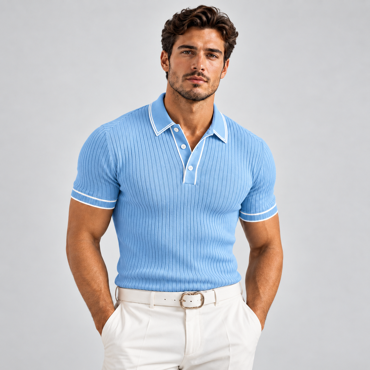 Mens Polo Shirt Ribbed Knit Short Sleeve Contrast Trim Slim Fit