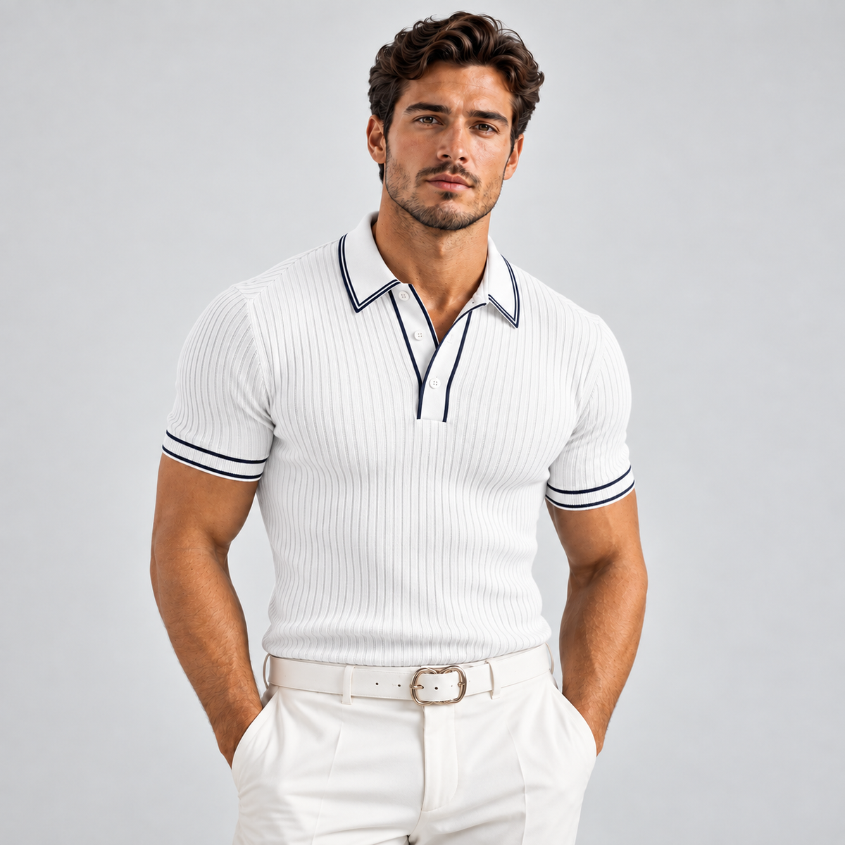 Mens Polo Shirt Ribbed Knit Short Sleeve Contrast Trim Slim Fit