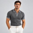 Mens Polo Shirt Ribbed Knit Short Sleeve Contrast Trim Slim Fit