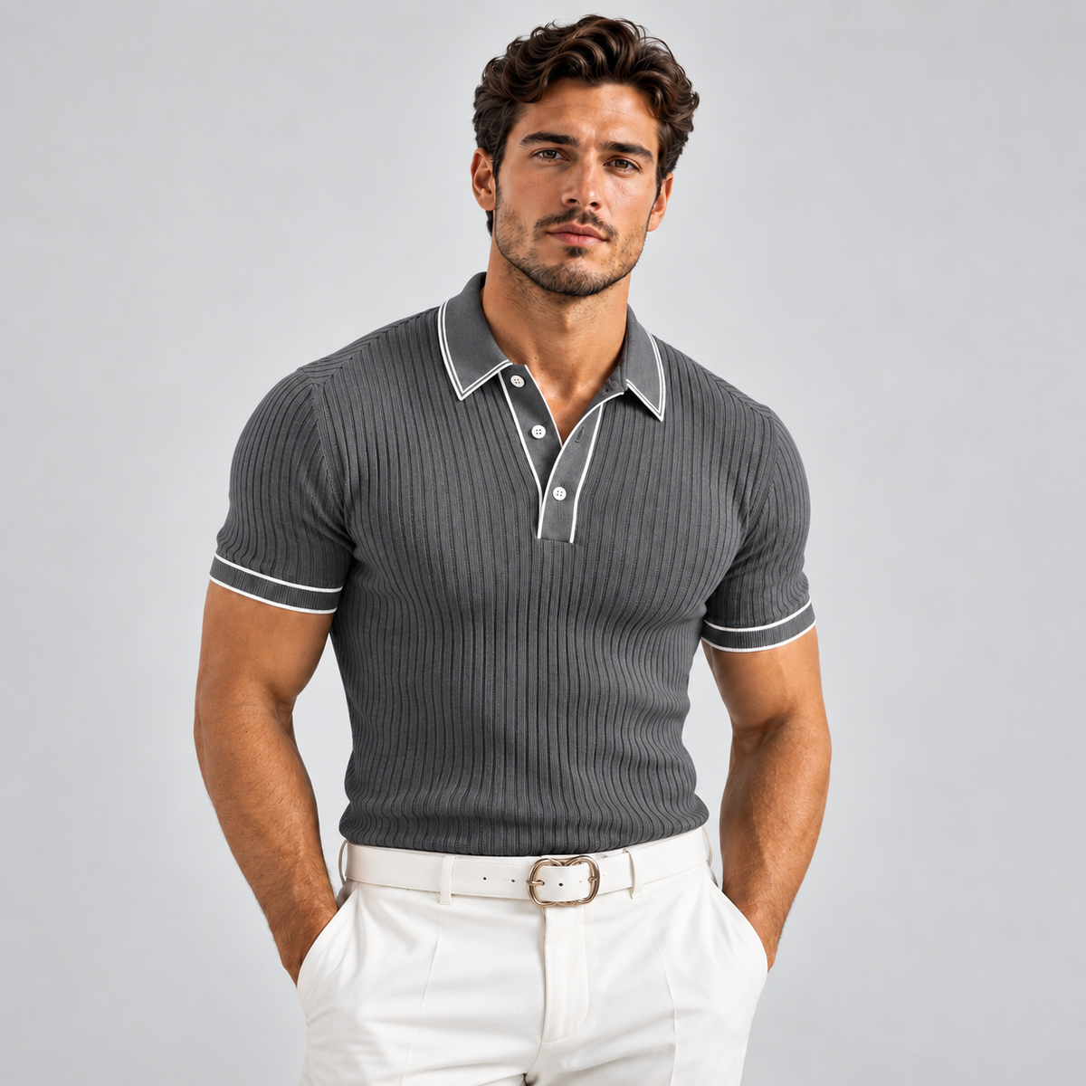 Mens Polo Shirt Ribbed Knit Short Sleeve Contrast Trim Slim Fit