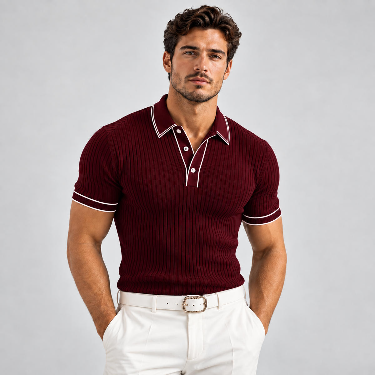 Mens Polo Shirt Ribbed Knit Short Sleeve Contrast Trim Slim Fit