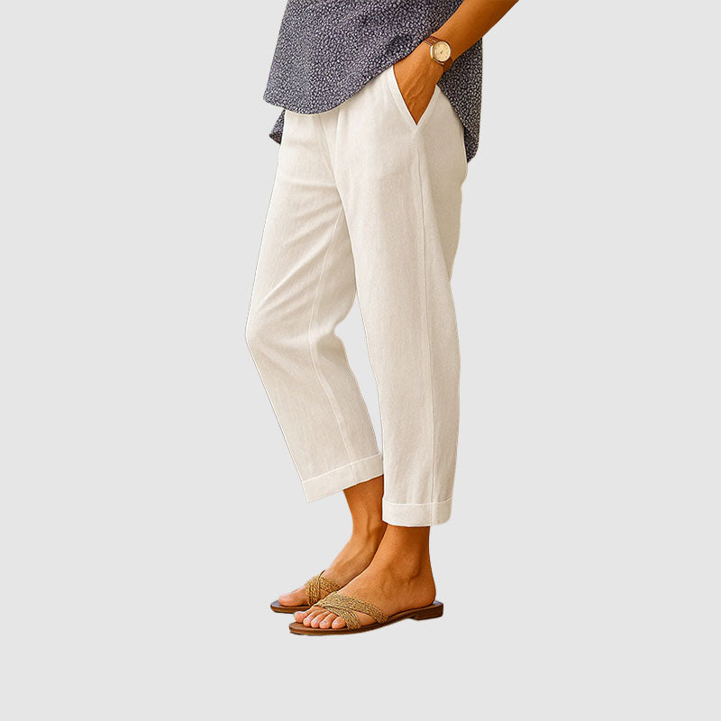 Women Linen Pants Straight Leg Cropped Cuffed Hem | Embla