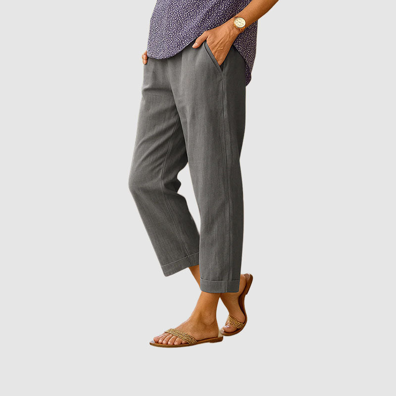 Women Linen Pants Straight Leg Cropped Cuffed Hem | Embla