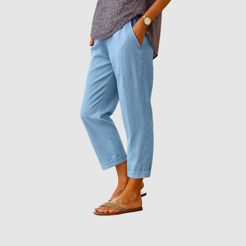 Women Linen Pants Straight Leg Cropped Cuffed Hem | Embla