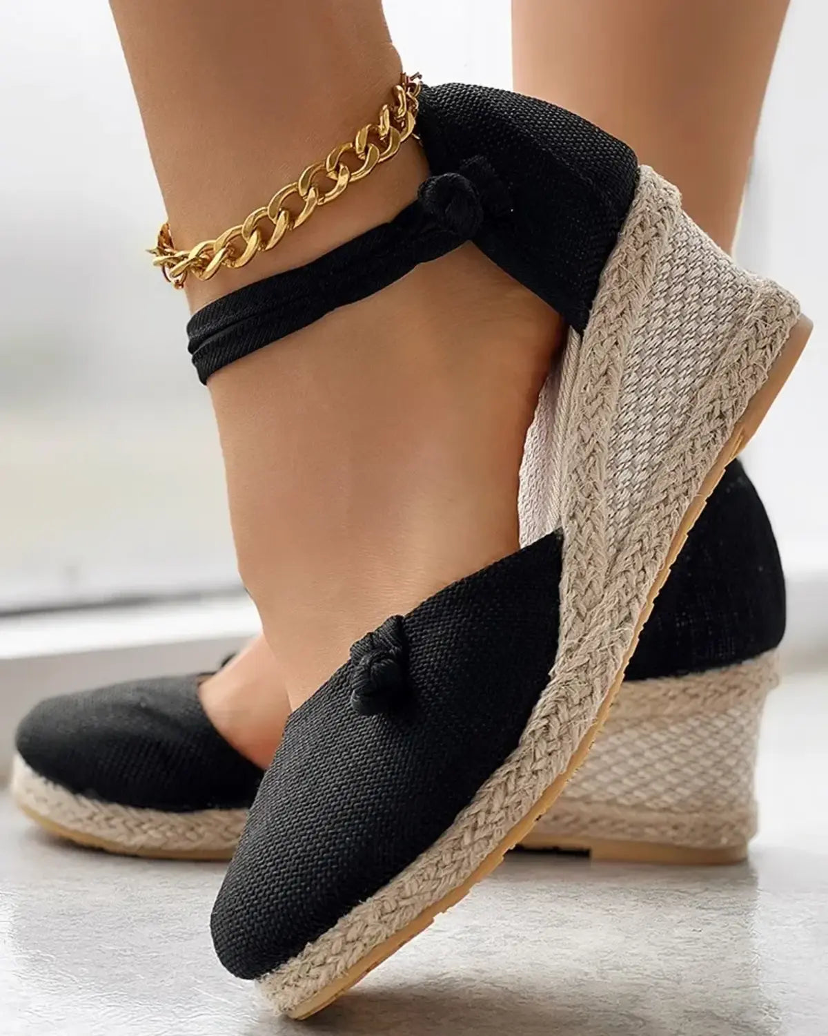 Closed Toe Wedge Espadrilles Women Braided Jute Sole Ankle Strap