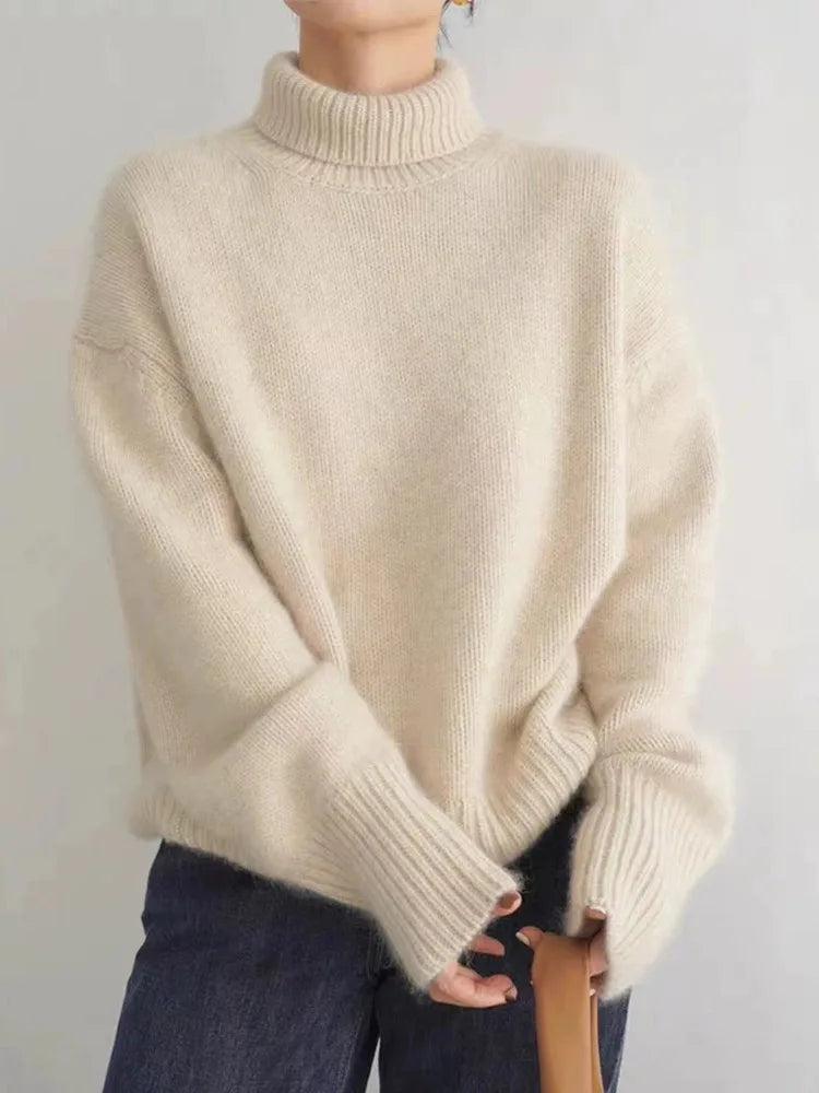 Women turtleneck sweater relaxed fit in beige grey and khaki