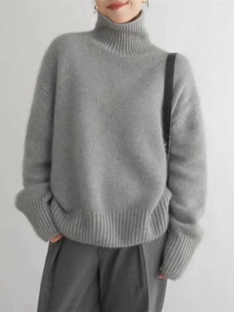 Women turtleneck sweater relaxed fit in beige grey and khaki