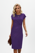 Alba | Women's Knee-Length Dress | Round Neck, Ruched Waist, Cap Sleeve