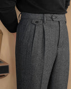 Esma | Men's Wool Trousers | High Waist, Pleated Front | Herringbone
