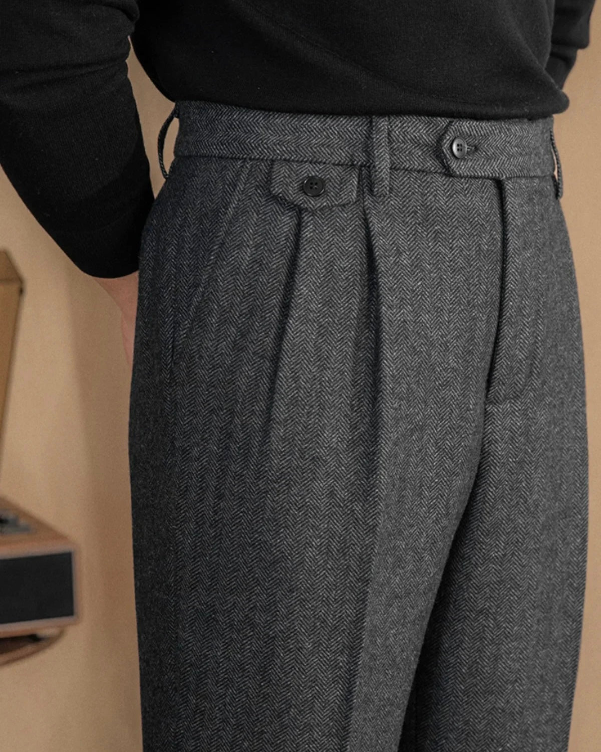 Esma | Men's Wool Trousers | High Waist, Pleated Front | Herringbone