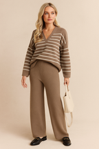 Women 2 Piece Knit Blouse Wide Leg Trousers Striped Set