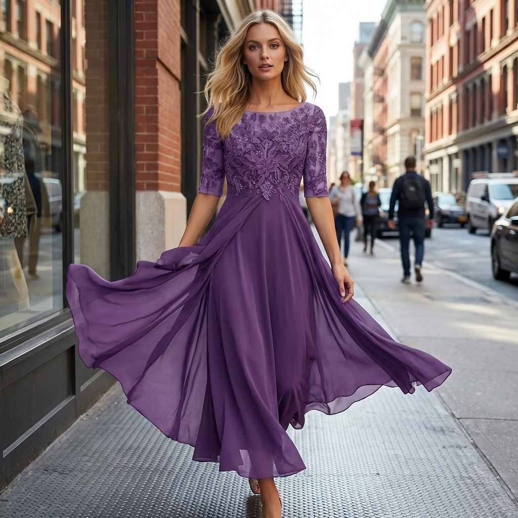 Cocktail Party Dress Women Midi Lace Chiffon Three Quarter Sleeve