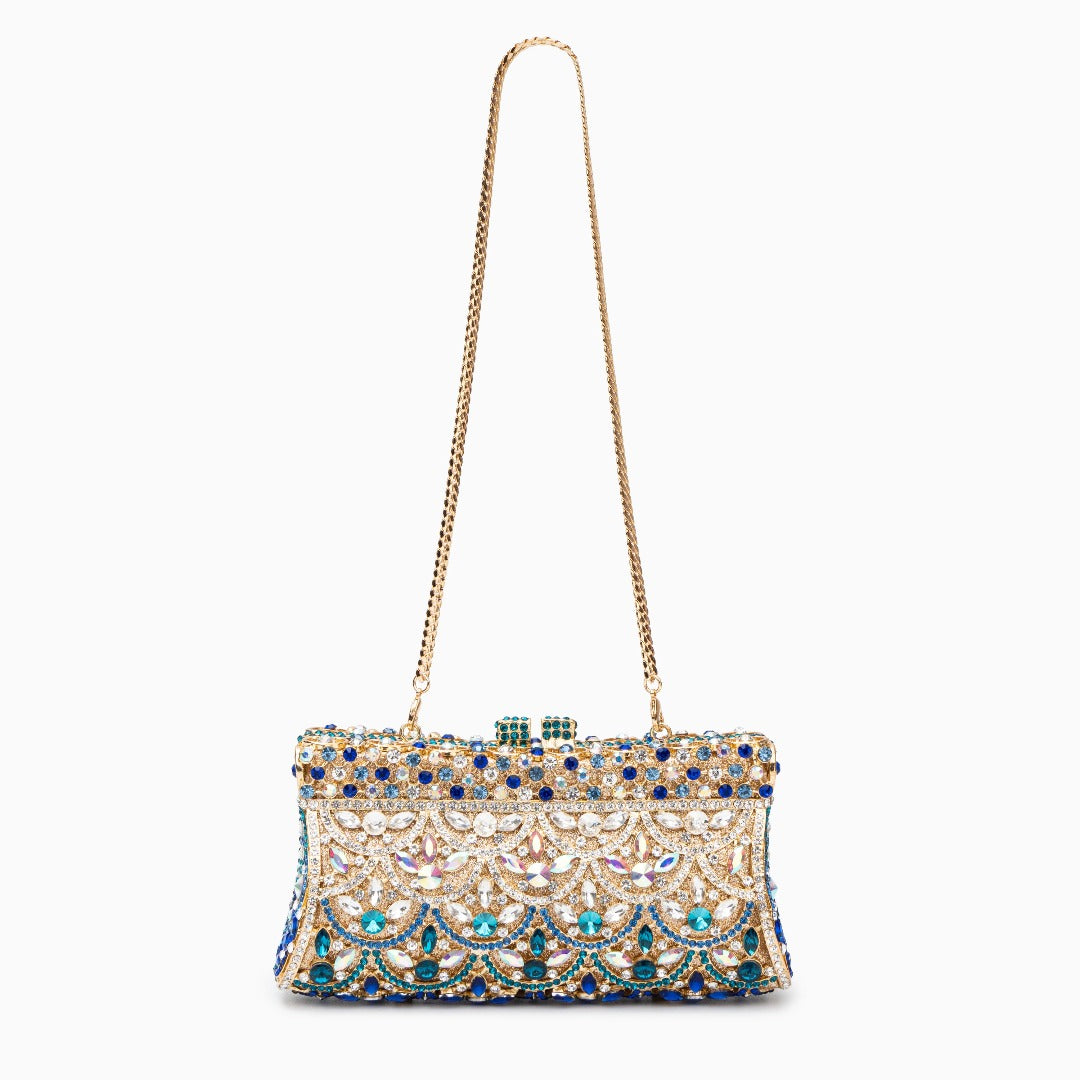 Calla | Crystal Evening Clutch Bag | Gold & Blue Rhinestone, Ornament Pattern