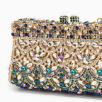 Calla | Crystal Evening Clutch Bag | Gold & Blue Rhinestone, Ornament Pattern